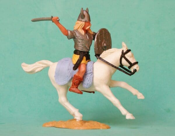 SOLD Timpo Mounted Viking, LIGHT BLUE Sheepskin Saddle