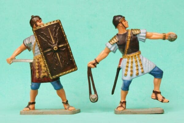SOLD Starlux Plastic 60mm Roman Soldiers Slingshot & Gladius