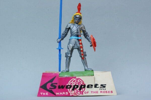 SOLD Swoppet Knight with Standard on Card Shop Plinth!