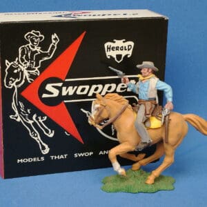 Herald Swoppet Mounted Cowboy Firing Twin Guns (LIGHT BLUE Torso)