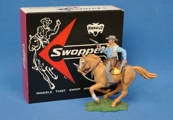 Herald Swoppet Mounted Cowboy Firing Twin Guns (LIGHT BLUE Torso)