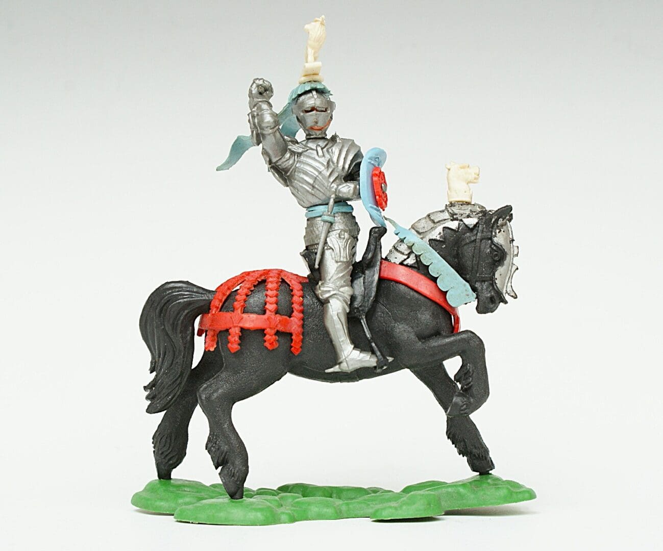 Swoppet Mounted Knight Attacking - LIGHT BLUE Reins & Favour